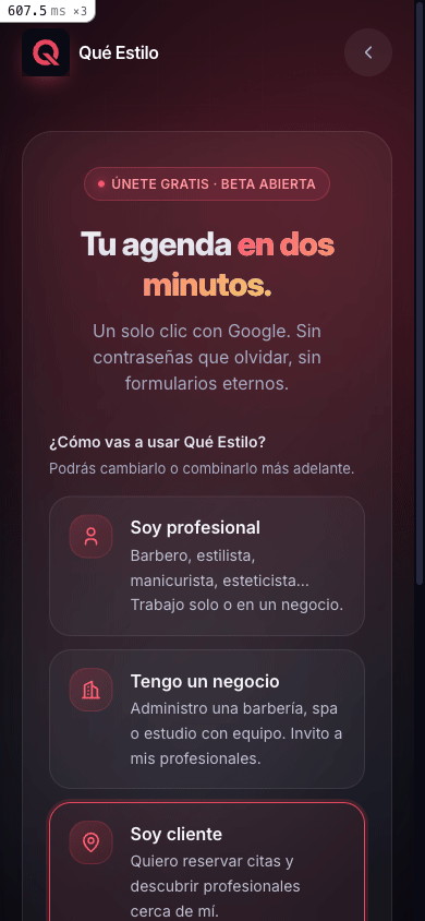 Pantalla de registro de Qué Estilo con el rol "Soy cliente" seleccionado.