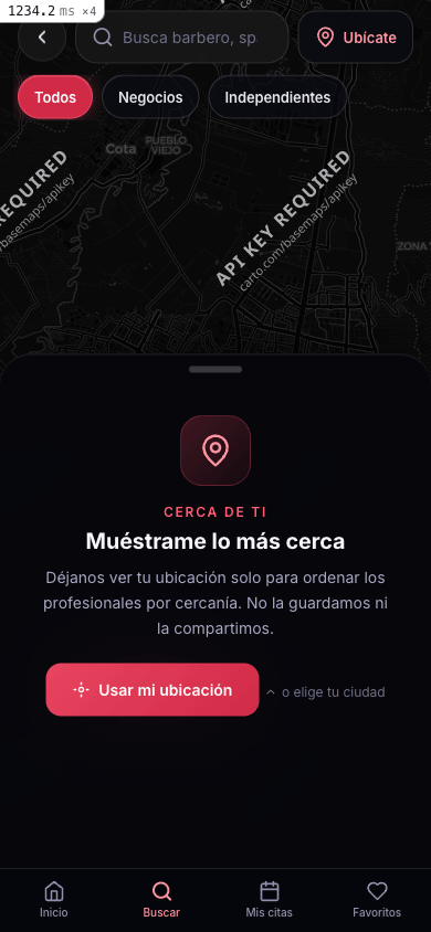 Buscador de profesionales y negocios cerca del cliente, con mapa en vivo y un resultado cercano.