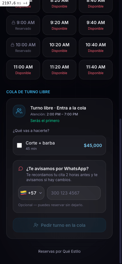 Sección de cola de turno libre con el servicio elegido y confirmación del turno número uno.