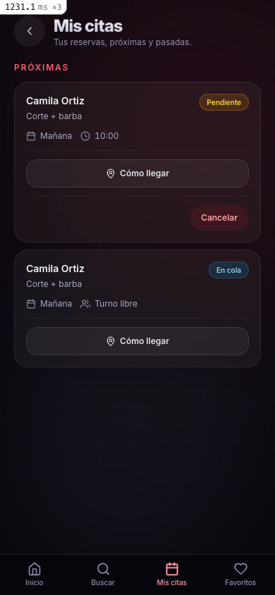 Pantalla de Mis citas mostrando una cita pendiente y un turno en cola, ambos con la misma profesional.