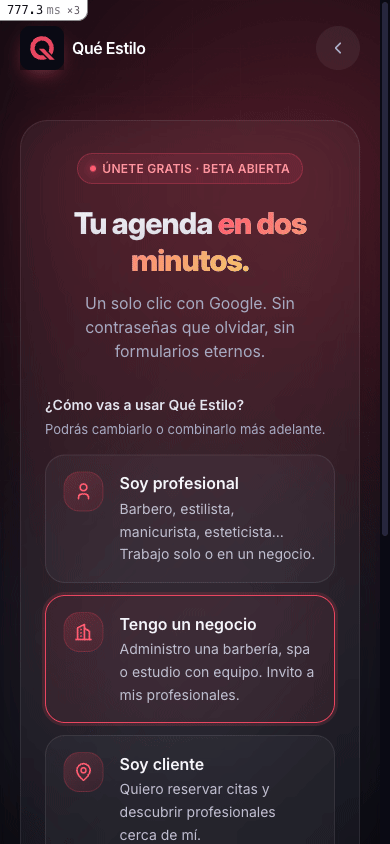 Selección del rol negocio y botón de continuar con Google en el registro de Qué Estilo.