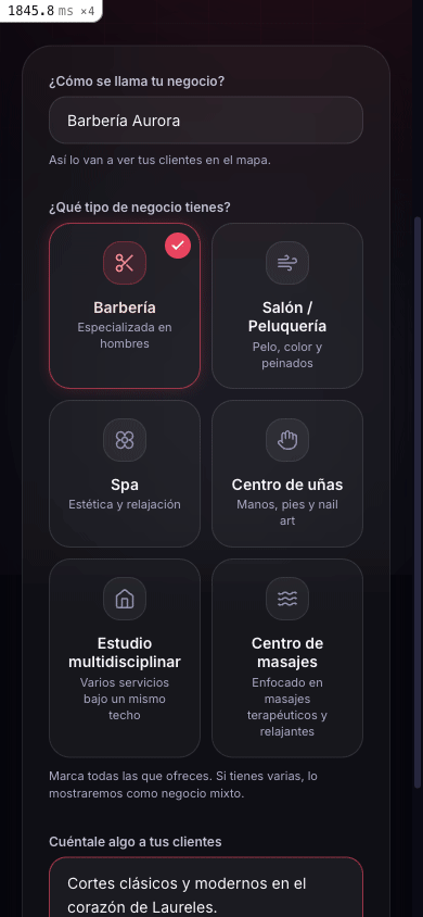 Wizard de activación del negocio con nombre, categoría, mapa y datos de contacto.