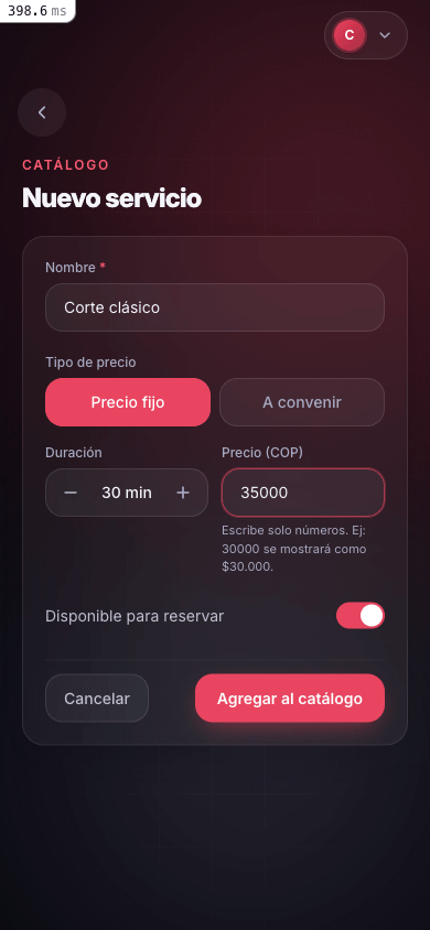 Formularios de creación de un servicio y un producto del catálogo del negocio.