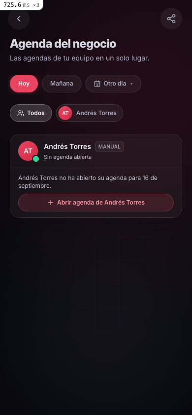 Agenda del negocio mostrando la cola de turno libre de un integrante del equipo.