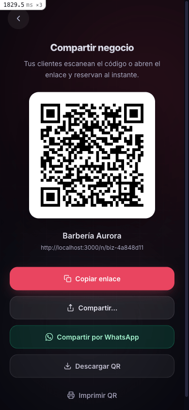 Pantalla para compartir el código QR y el link público del negocio.