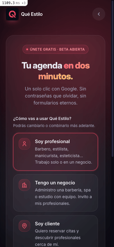 Selección del rol profesional y botón de continuar con Google en el registro de Qué Estilo.