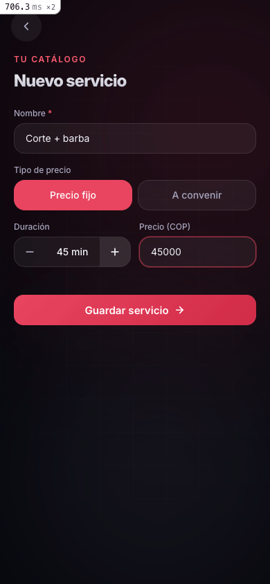 Formulario para crear un servicio nuevo con nombre, duración y precio.
