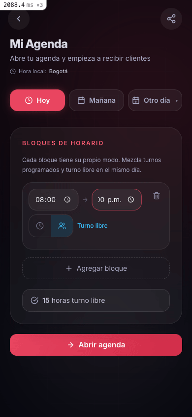 Pantalla de configuración de agenda con dos bloques: uno en modo turno programado y otro en modo turno libre el mismo día.