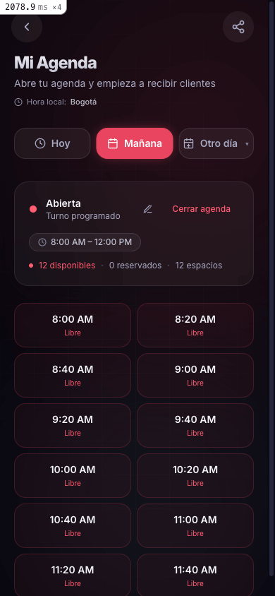 Lista de horarios disponibles y formulario para crear una cita programada a una hora fija.