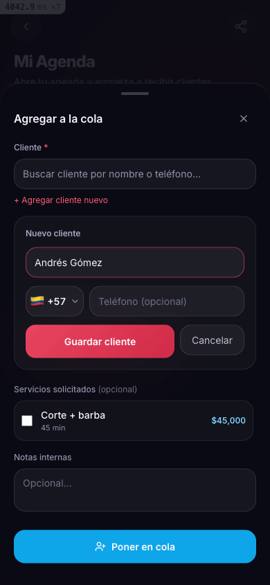 Formulario para agregar un cliente nuevo a la fila de espera.