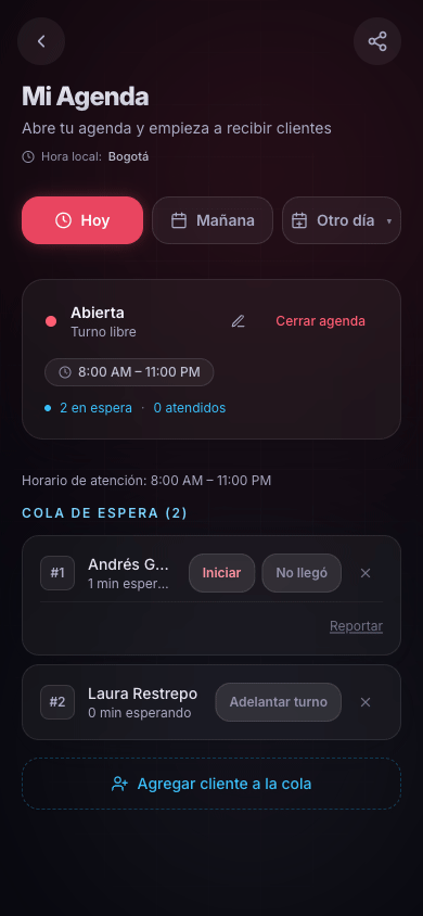 Tarjeta de turno en la agenda pasando de en espera a en atención.