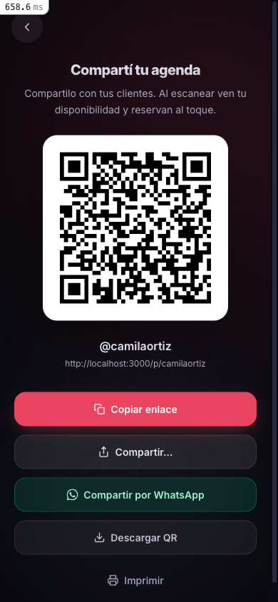 Pantalla con el código QR del perfil público del profesional.