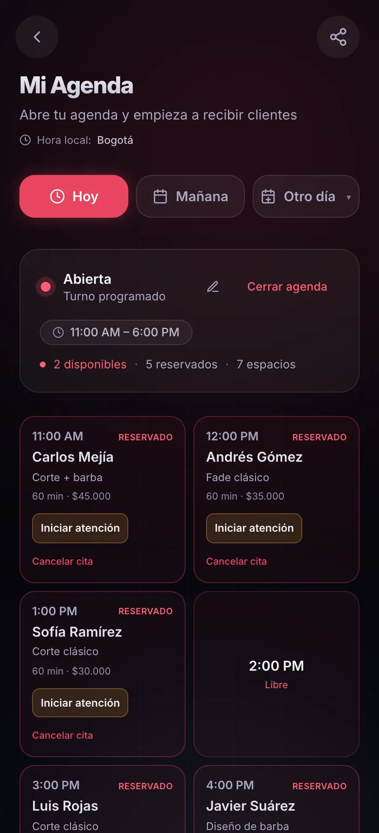 Captura real de la app: la agenda de un profesional con sus citas reservadas del día.